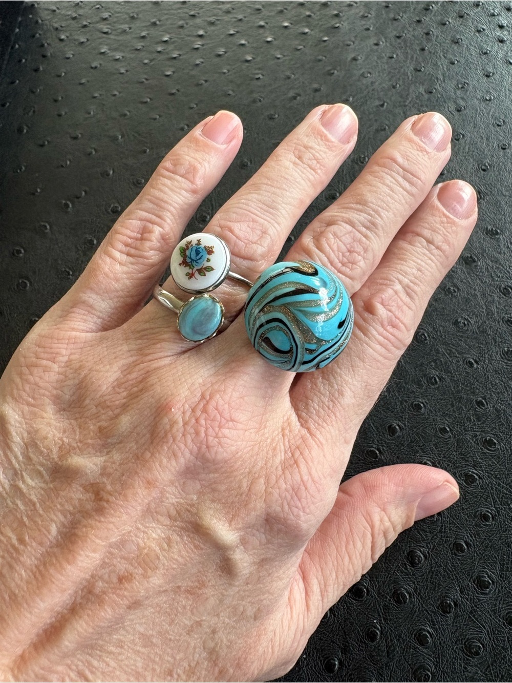 Set of three rings made from vintage clip earrings. All adjustable.